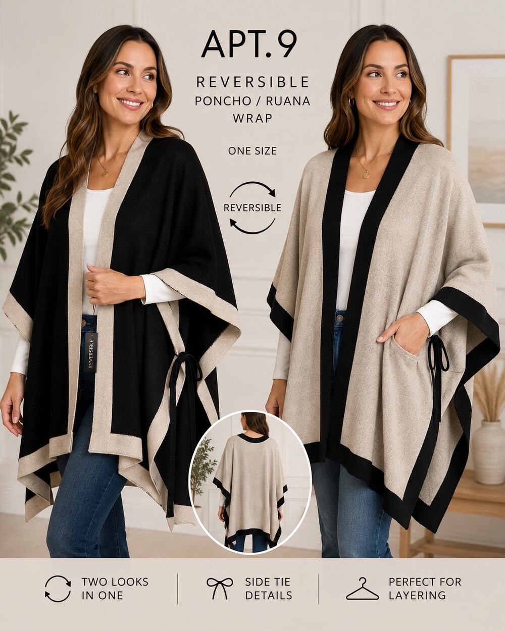 NWT Apt 9 Reversible Poncho Ruana Wrap One Size Black Oatmeal Side Tie